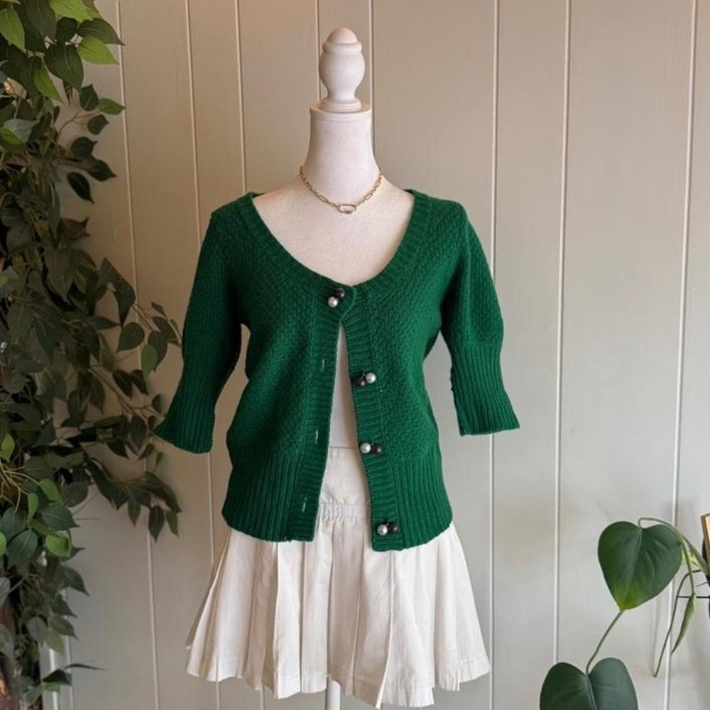 Moth Green Bubble Sleeve Wool Blend Blouse Women's Size Medium Preppy Core